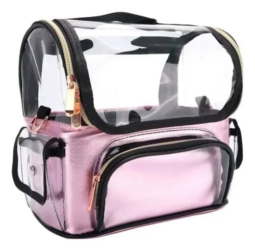 Maletín Organizador de Maquillaje Transparente y Rosa: